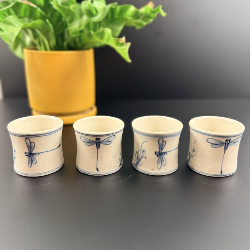 Set of 4 Ceramic Sake Cups Dragonfly Motif Blue & White Crackle Glaze Unmarked